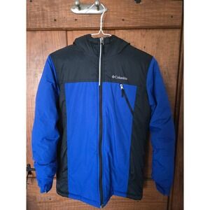 COLUMBIA- Boys Jacket - Blue Black Hooded Full Zip Size M 10-12 Puffer Insulated